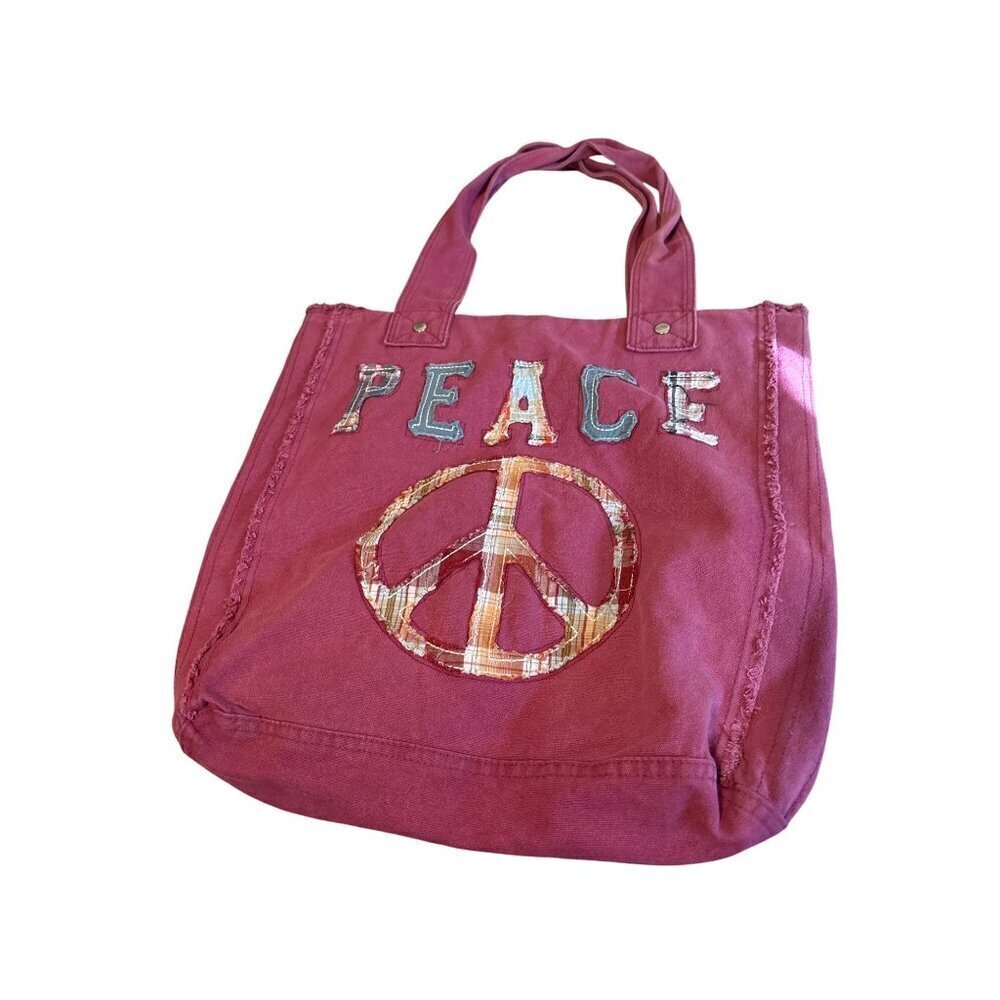 Women's Y2K PEACE Tote Bag Purse Pink Canvass Handmade Plaid Large Double Strap